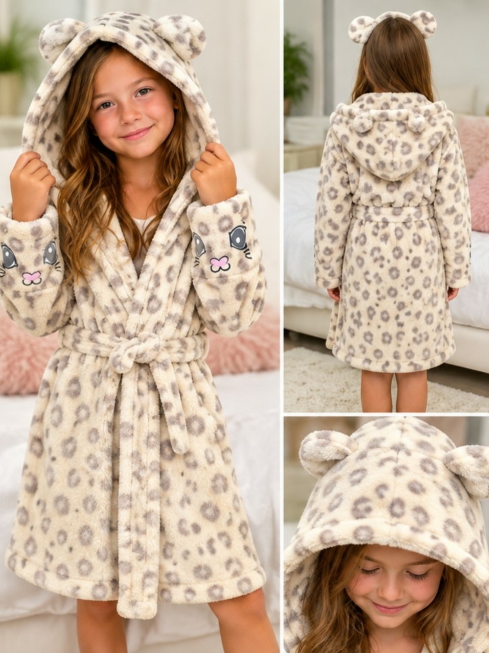 Girls Plush Soft Leopard Hooded Robe with Animal Ears